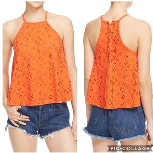 Free People Orange Eyelet Lace Back Tank